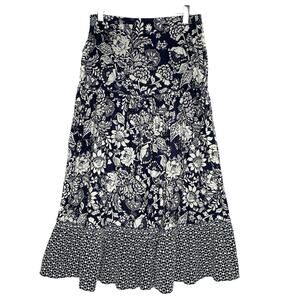 Luna Moon L  NEW A Line Midi Floral Skirt Navy White Ruffle Eyelet Trim